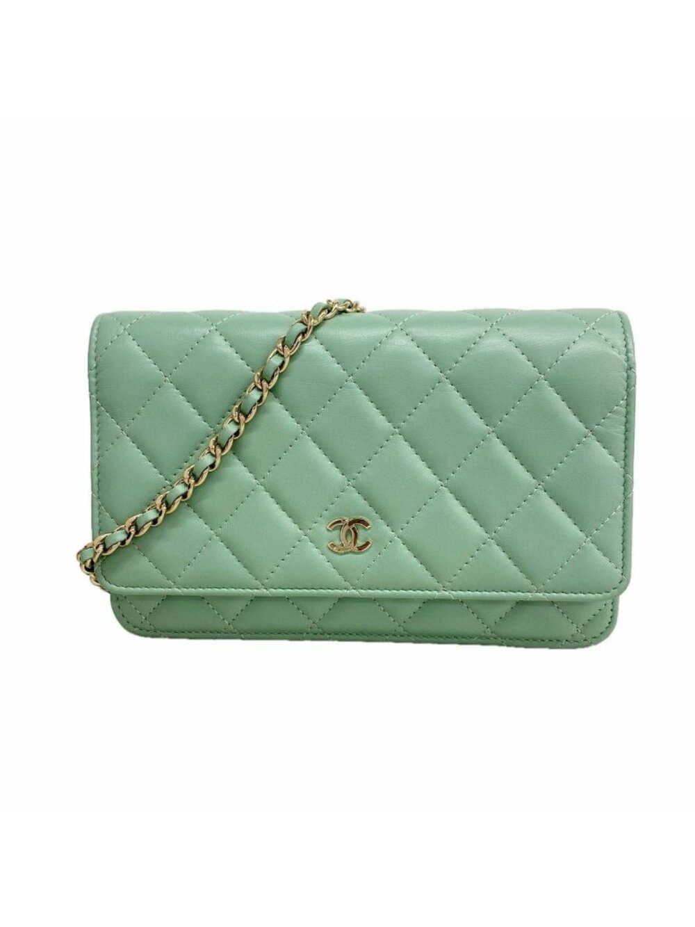 Chanel Wallet on Chain Quilted Lambskin Light Green Champagne Gold Shoulder Bag